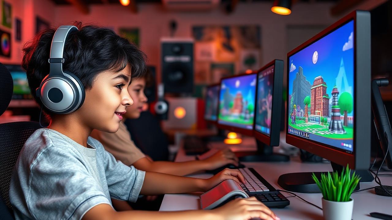 Young creators building games at computers