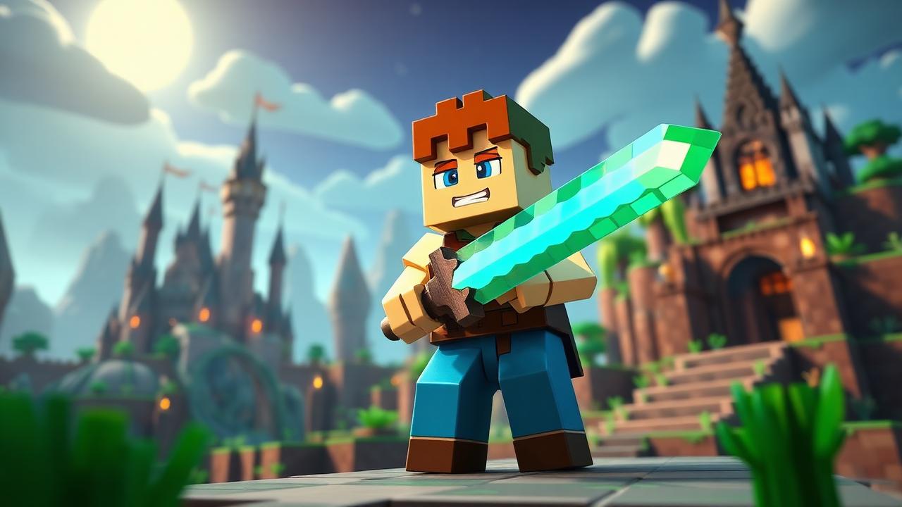 A blocky hero character holding a glowing sword in front of a fantasy castle
