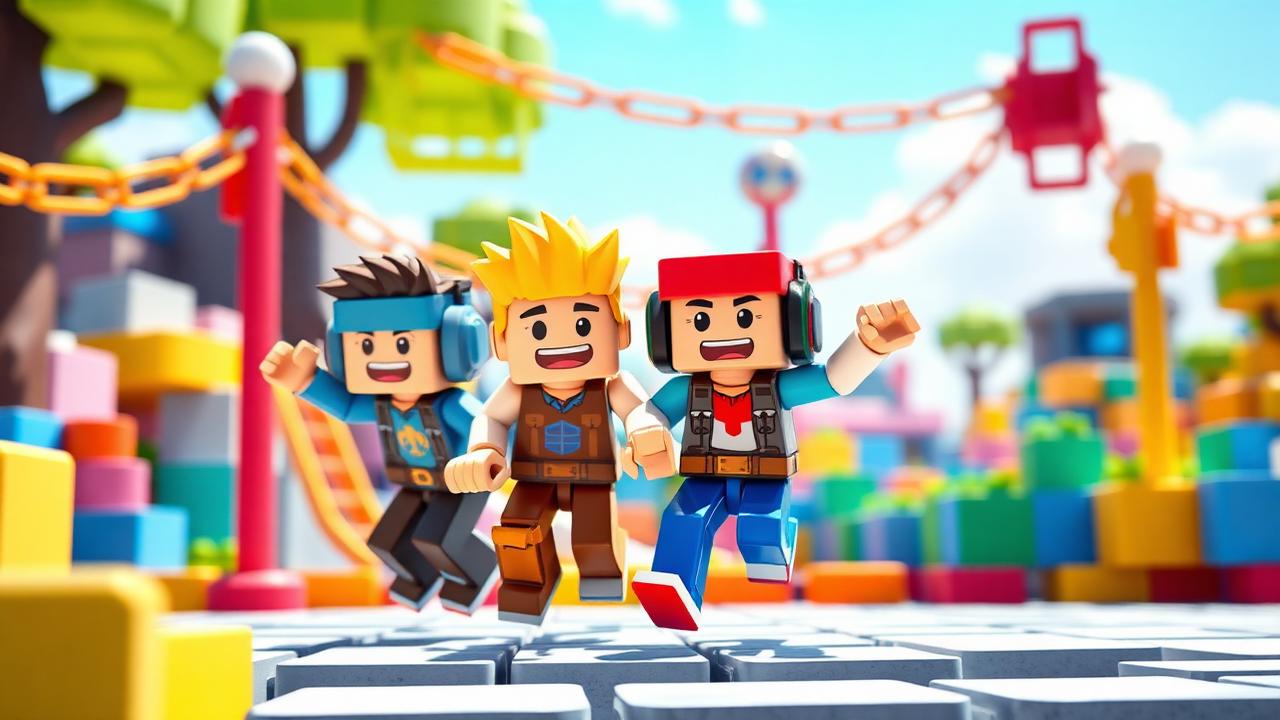 Blocky characters playing on an obstacle course